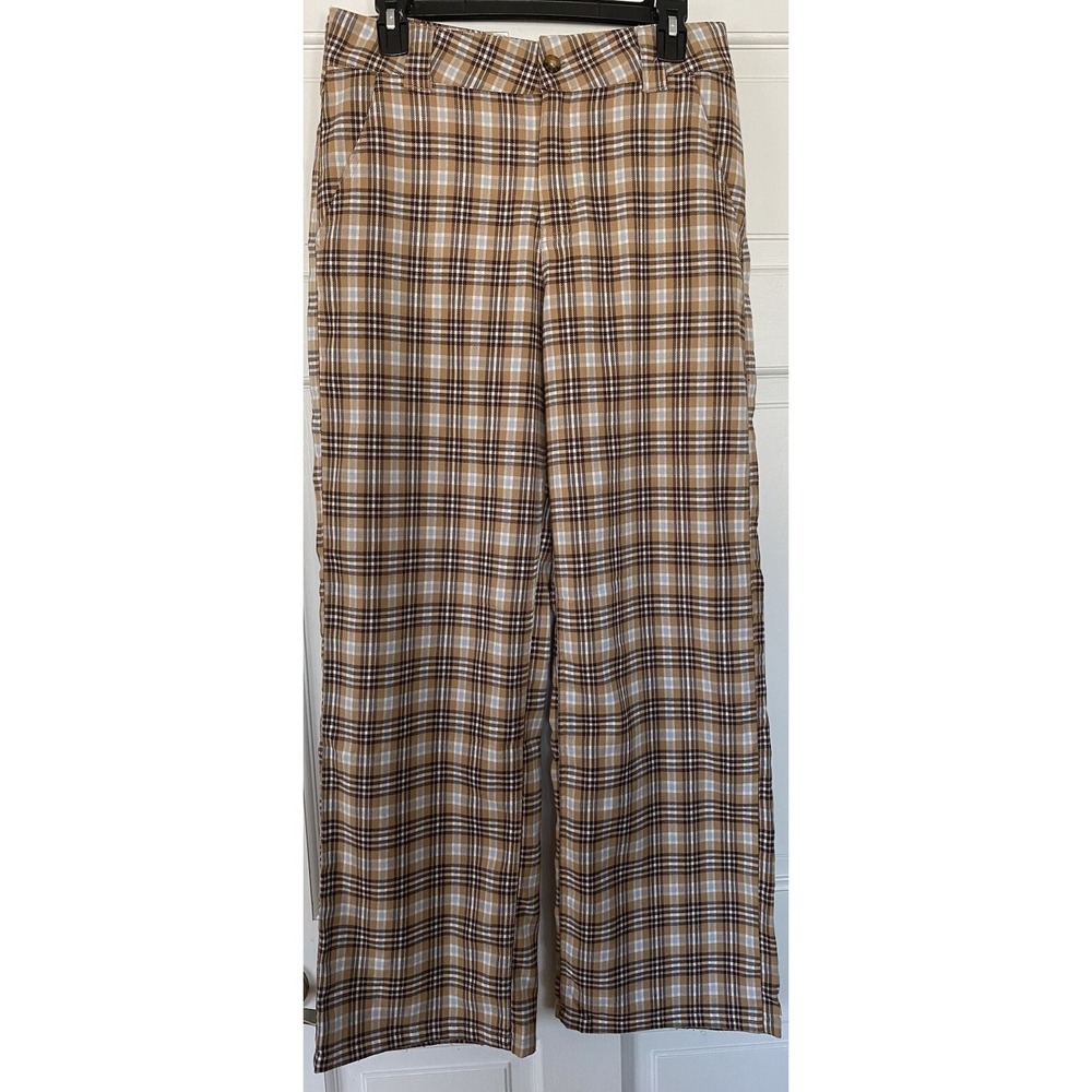 Hollister Womens Pants Size 5R W27 Brown Plaid Academia High Rise Baggy Wide Leg